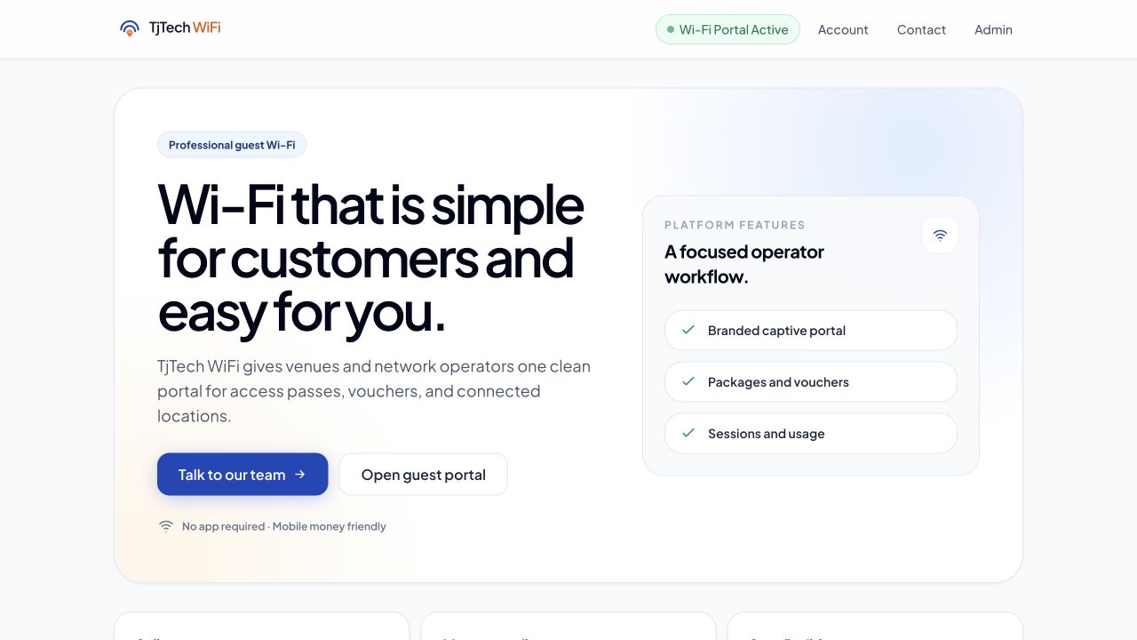 TjTech WiFi guest access platform homepage
